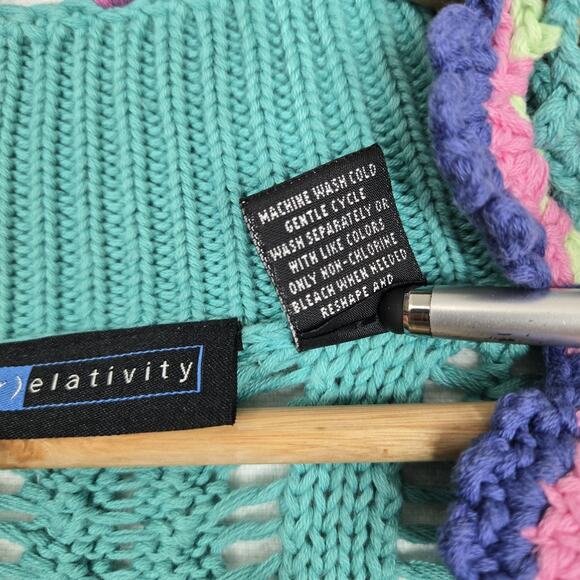 VTG Relativity Cardigan Sweater sz L* Teal Tie Front Cotton Boho Cottagecore - Picture 11 of 16